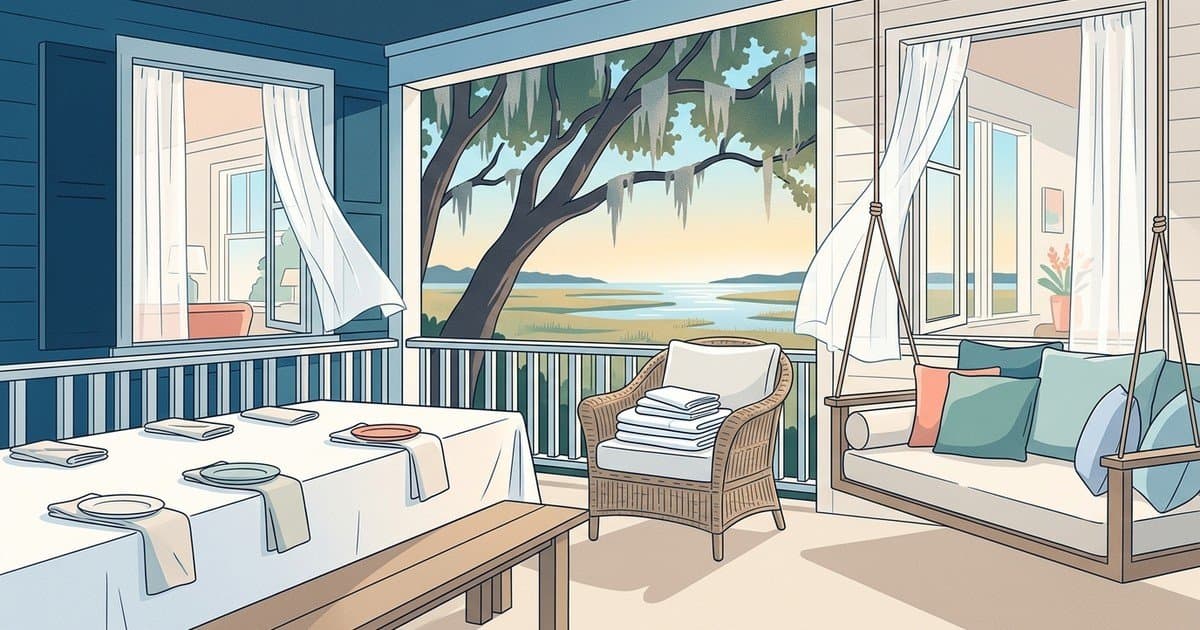 Flat vector illustration of a sunlit Savannah porch set for a holiday weekend gathering with a draped table, folded linens, cushions, and live oaks beyond the railing