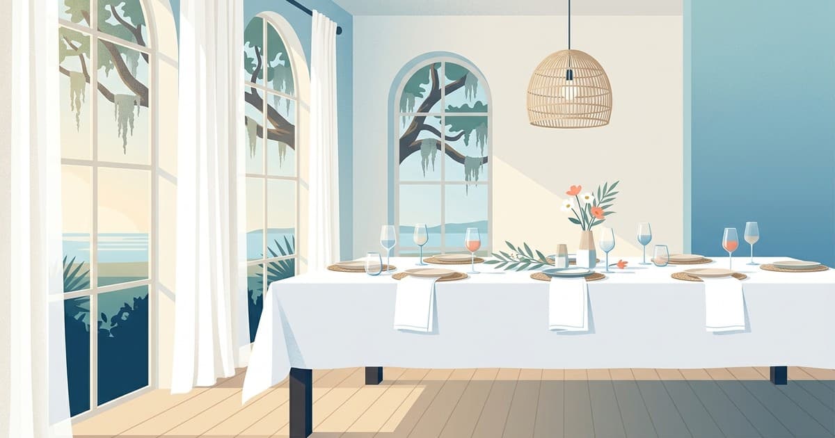 Flat vector illustration of a breezy Savannah dining room prepared for Labor Day entertaining, with a crisp linen tablecloth, tall windows with flowing drapes, and coastal blue and sandy neutral tones