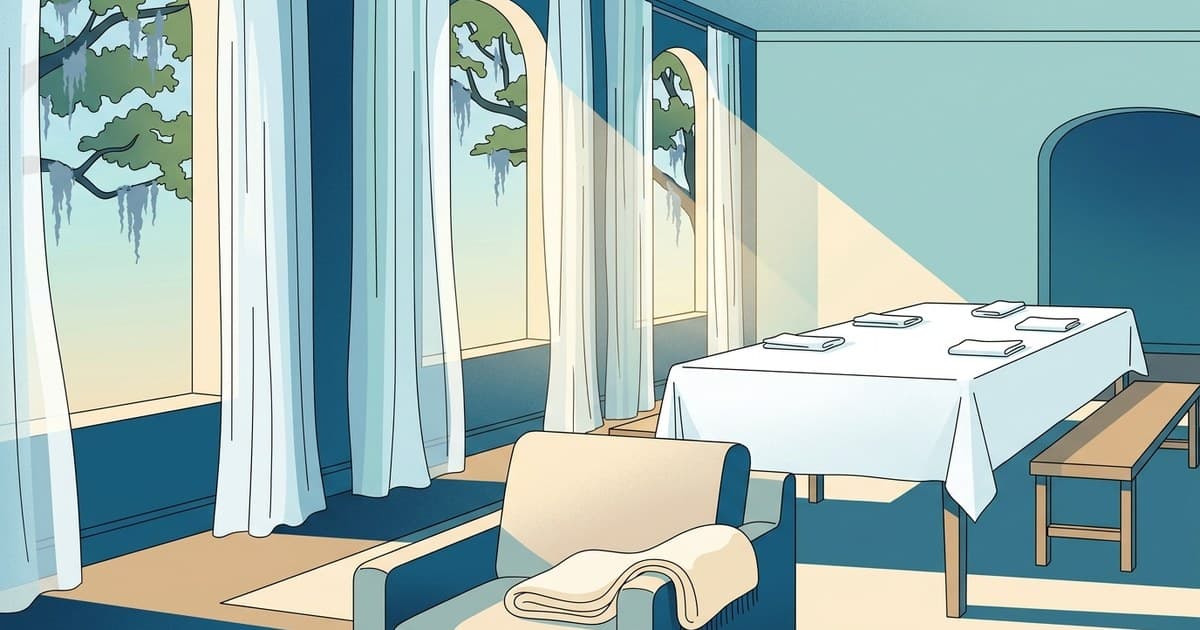 Flat vector illustration of a sunlit Savannah living and dining room ready for Labor Day guests, with a pressed table linen, flowing drapes at tall windows, and a folded throw in coastal blues and sandy neutrals