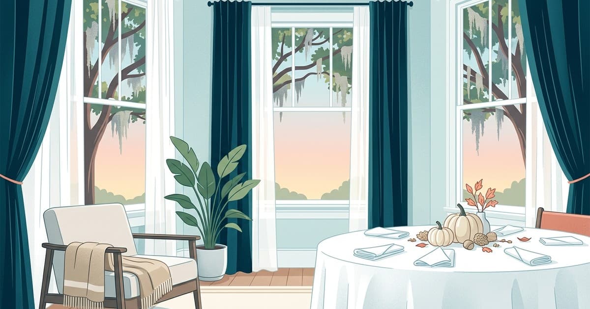 Flat vector illustration of a Savannah parlor in late October with tall windows framed by deep teal velvet drapes and sheer panels, a round table set with a pressed white linen cloth, and a folded wool throw on a chair, with live oaks and Spanish moss outside