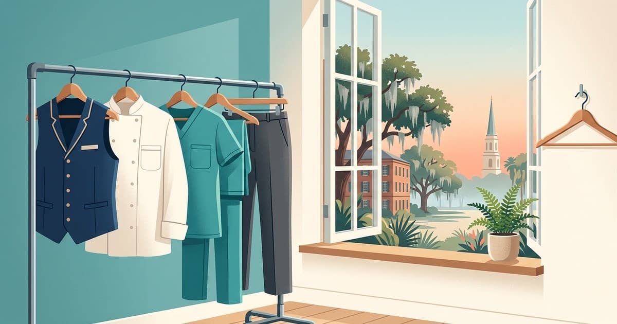 Flat vector illustration of medical scrubs, a chef coat, and a hotel vest hanging crisp on a rack beside an open window with humid late-September Savannah light, Spanish moss, and a distant steeple, uniform cleaning in Savannah