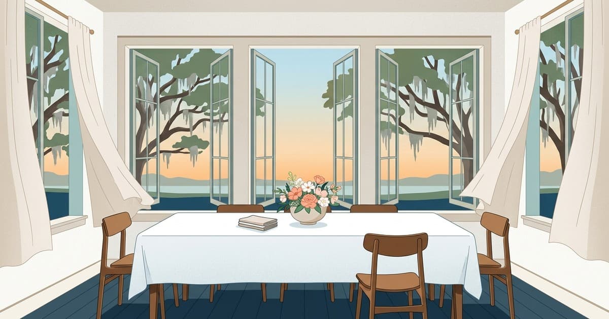 Flat vector illustration of a Savannah dining room with open windows, light curtains lifting in a breeze, a freshly pressed tablecloth on the table, and live oaks with Spanish moss outside, in coastal blues, teals, and sandy neutrals