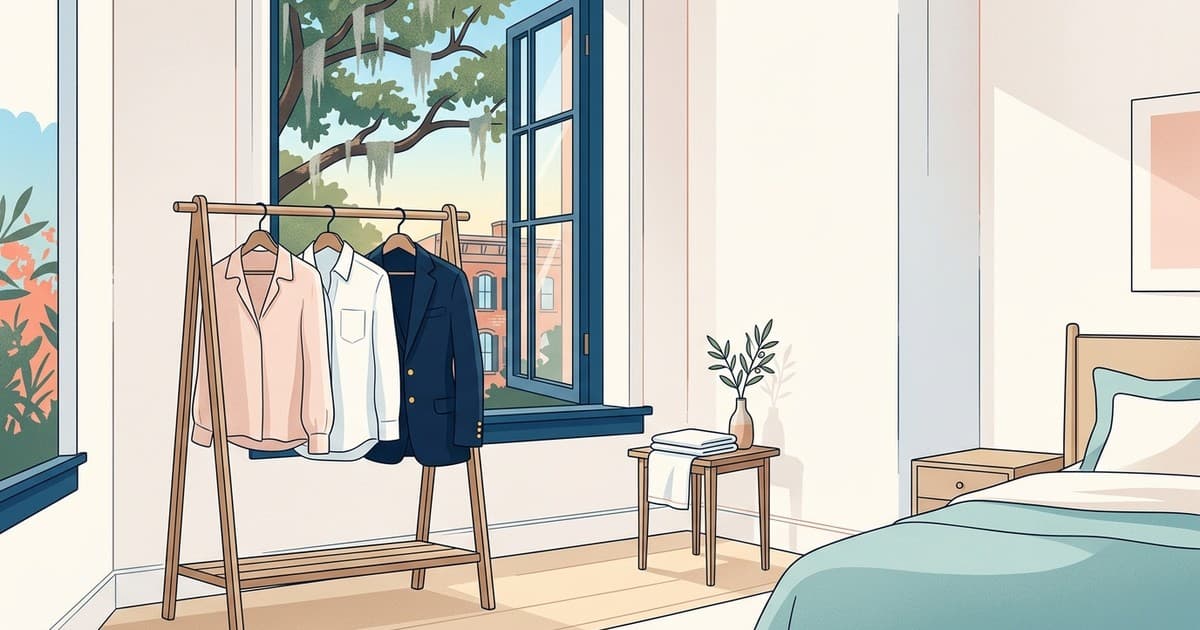 Flat vector illustration of a sunlit Savannah bedroom closet with a silk blouse, a linen shirt, and a wool blazer hanging near an open window, live oaks and Spanish moss outside, in coastal blues, teals, and sandy neutrals