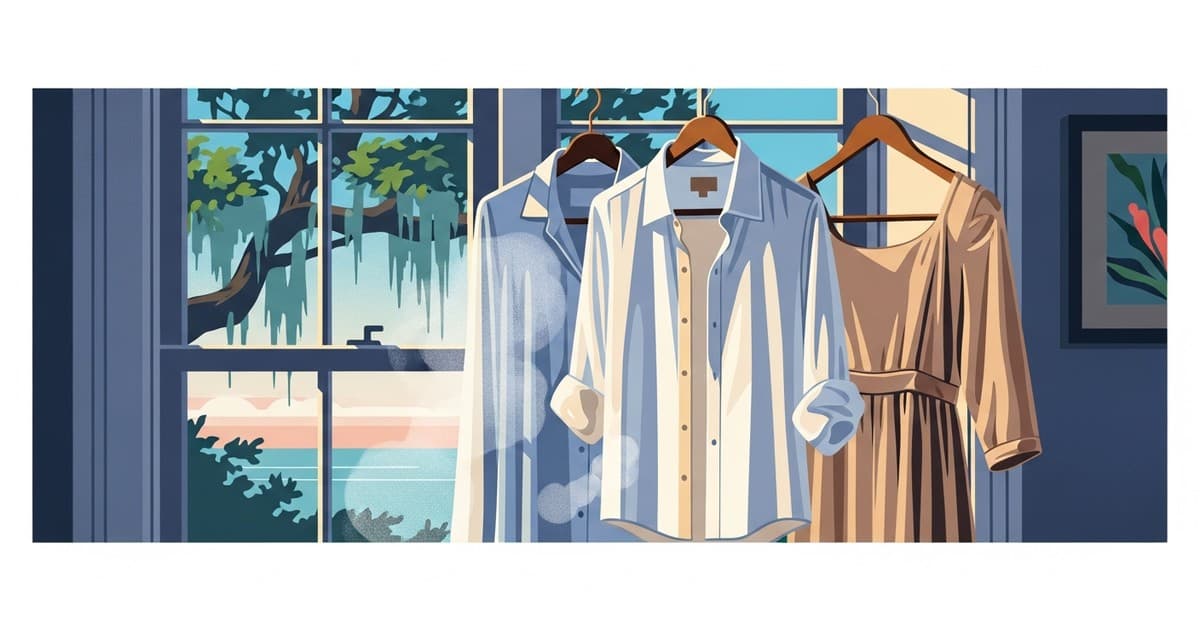 Illustrated linen shirts and dresses on hangers in a sunlit Savannah window, coastal palette, professional pressing concept