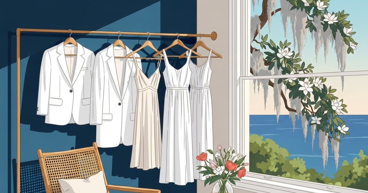 Illustrated scene of airy linen garments hanging in a bright Savannah home with coastal light and Spanish moss visible through a sun-drenched window