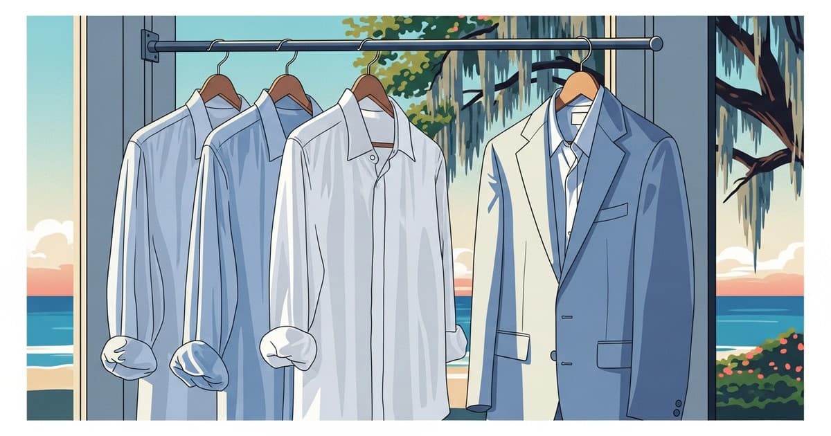Flat vector illustration of crisp linen shirts and a summer suit on hangers with Savannah coastal light, representing linen dry cleaning in Savannah