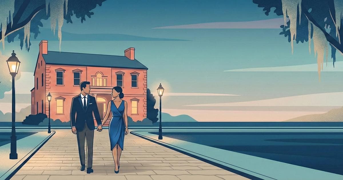 Couple wearing formal silk gown and tuxedo walking outside The Olde Pink House in Savannah, GA.
