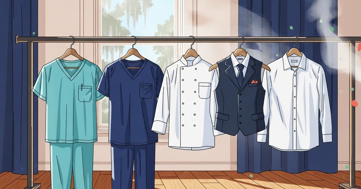 Illustration of fresh medical scrubs and hospitality uniforms hanging in soft coastal Savannah light — Best Cleaners & Laundry