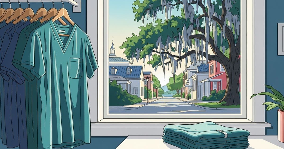 Flat vector illustration of clean medical scrubs on hangers in coastal Savannah light, representing medical scrubs cleaning in Savannah, Georgia