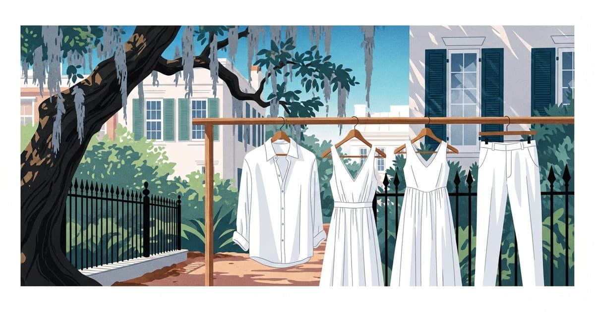 Illustrated editorial image of crisp white summer garments in a sunlit Savannah courtyard with Spanish moss and coastal light