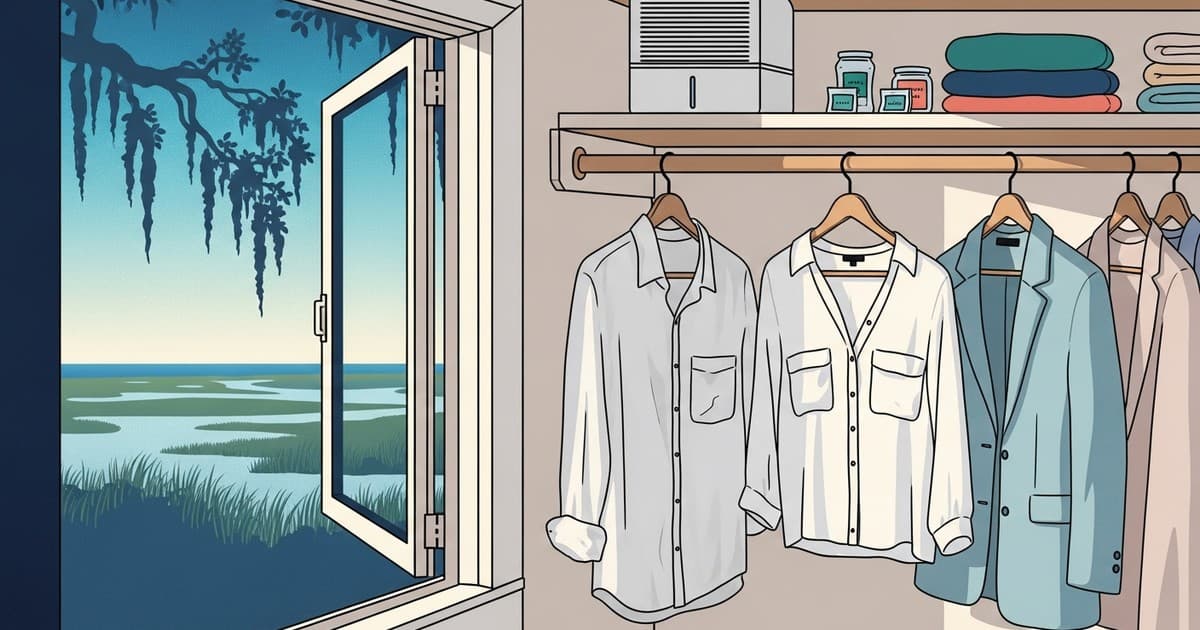 Coastal Georgia illustrated scene with neatly organized garments in a bright airy closet, soft teal and sandy tones