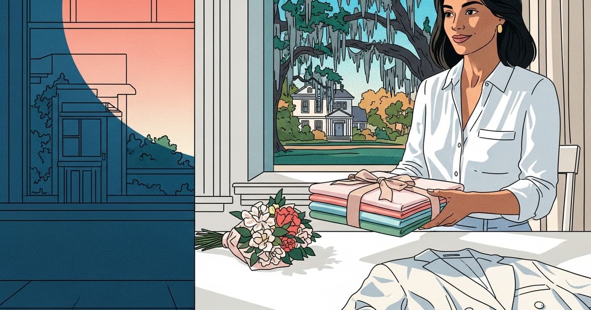 Illustrated Mother's Day gift idea featuring freshly pressed garments and flowers in a Savannah coastal setting