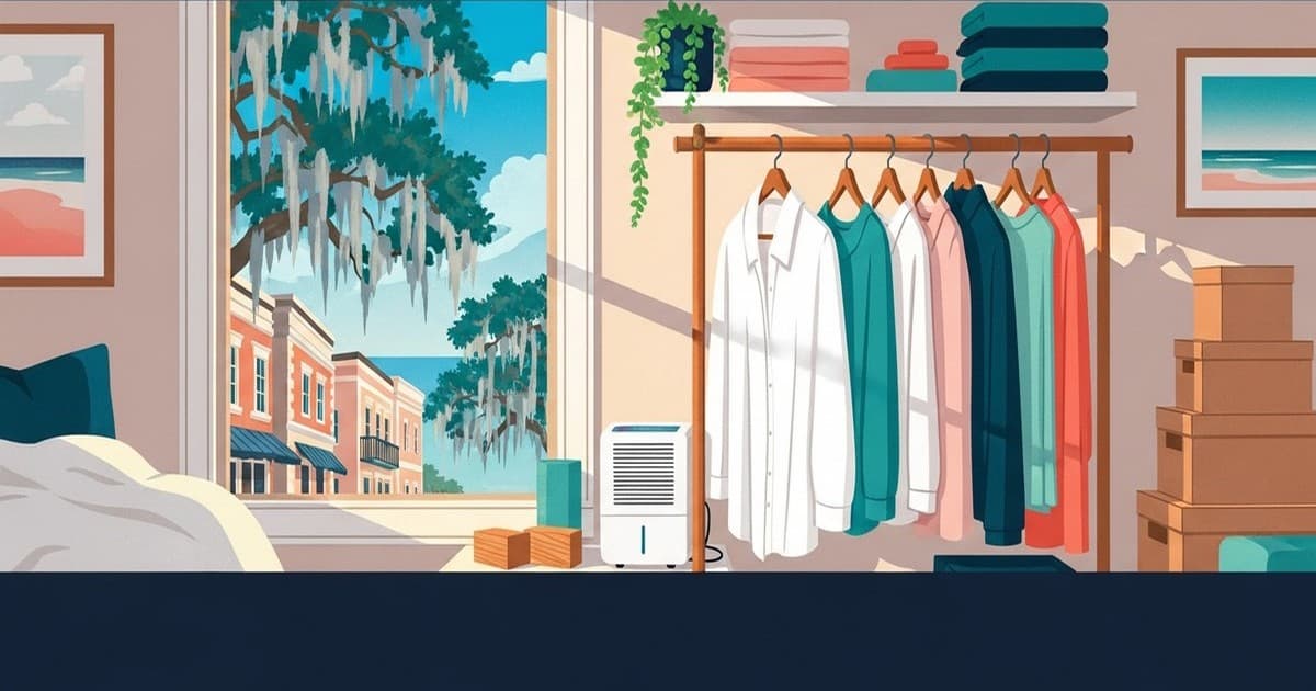 Illustrated garment care guide for new Savannah residents — freshly pressed clothes near a coastal window with Spanish moss and a sunny Lowcountry street