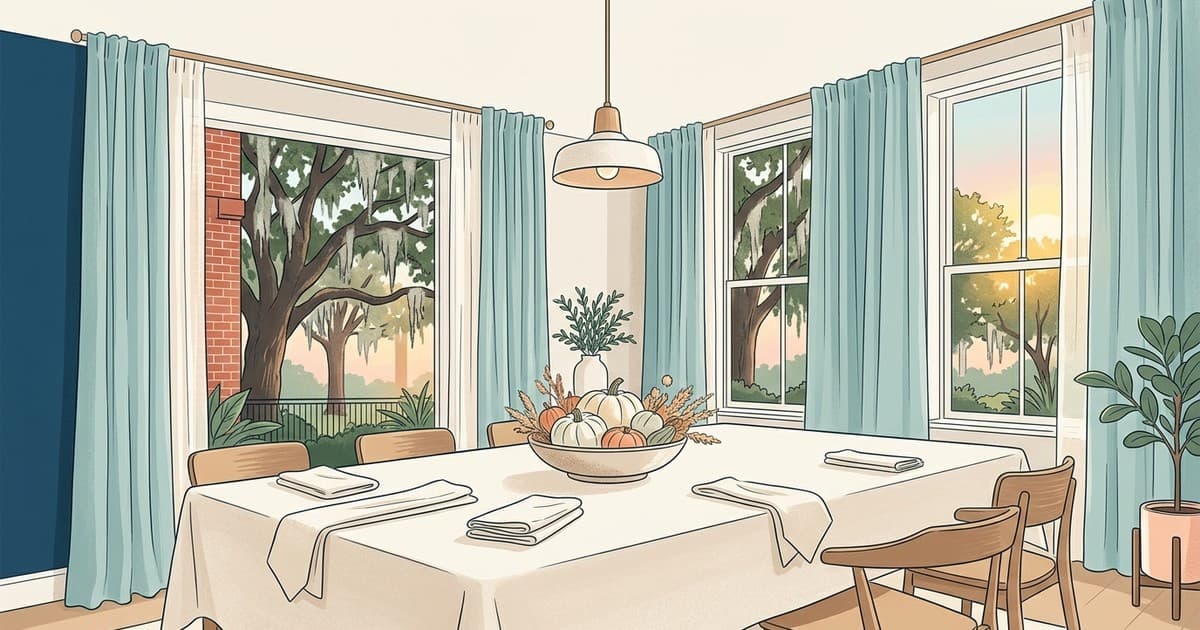 Flat vector illustration of a sunlit Savannah dining room in October with a pressed white tablecloth, folded napkins, pale pumpkins, and soft teal drapes framing tall windows that look out on live oaks and Spanish moss