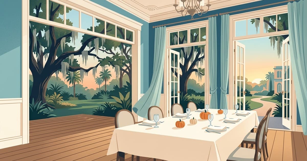 Flat vector illustration of a Savannah dining room in October with French doors open to a garden of live oaks, a long table dressed in warm white linen with folded napkins, and soft teal drapes stirring in a breeze