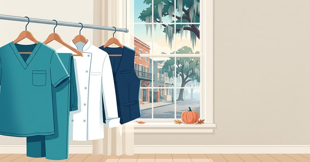 Flat vector illustration of neatly pressed teal medical scrubs and a white hospitality shirt hanging in a sunlit Savannah room with a window showing live oaks, Spanish moss, and a soft October sky