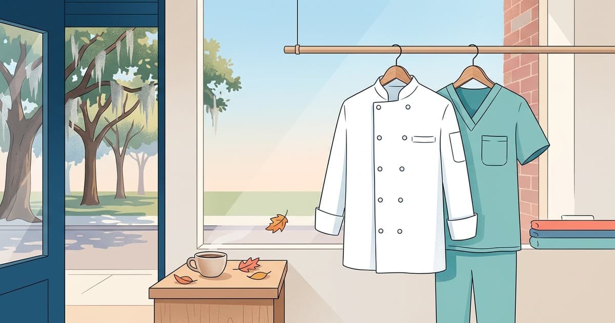 Flat vector illustration of a chef coat and teal medical scrubs on hangers beside a wooden counter with a coffee cup, fall leaves, and a sunlit Savannah square with live oaks through the window