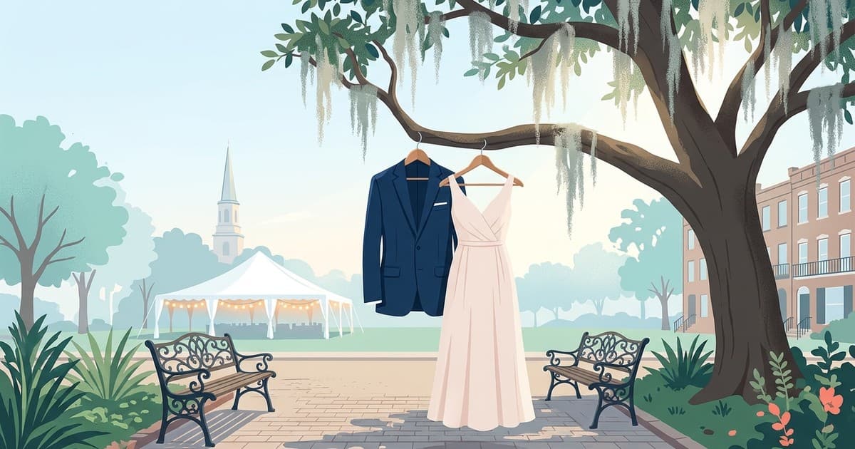 Flat vector illustration of a pressed suit and a formal dress on hangers beneath a Savannah live oak with Spanish moss, string lights and a reception tent in the soft evening light beyond, Best Cleaners Savannah wedding guest attire care