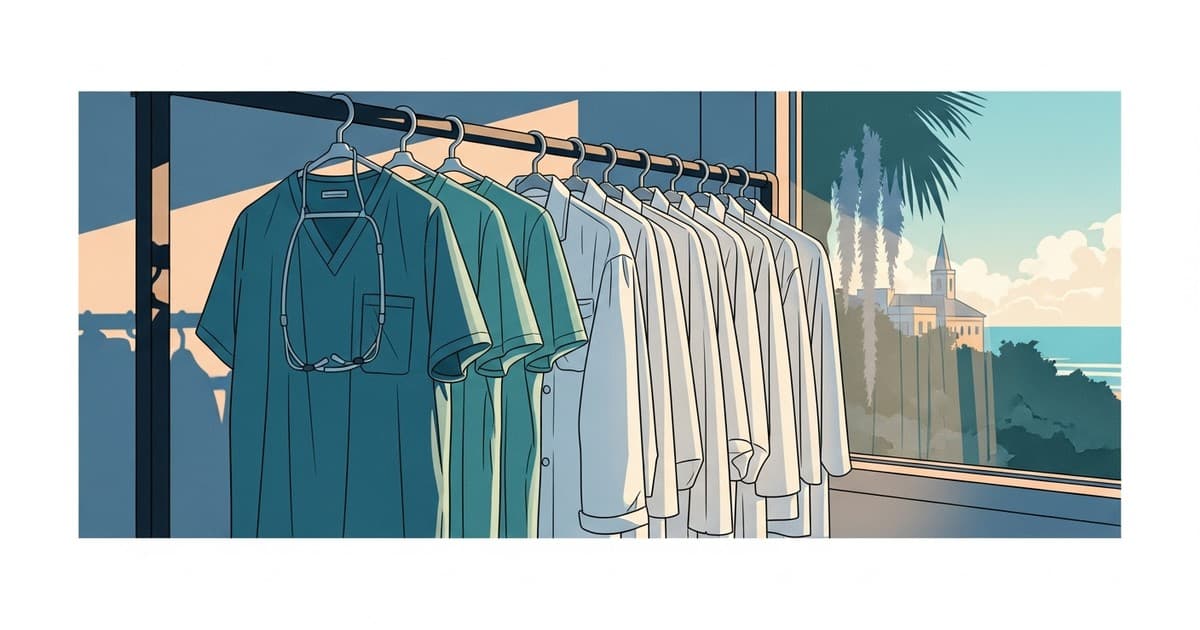 Flat vector illustration of fresh medical scrubs and hospitality uniforms on a rack with Savannah coastal light, representing uniform cleaning Savannah