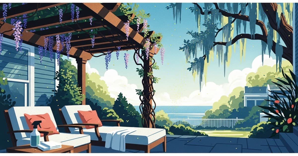 Illustrated Savannah patio with spring pollen drifting over outdoor furniture cushions — pollen stain removal and outdoor fabric cleaning guide