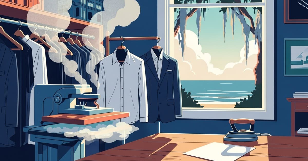 Modern illustrated editorial of professional garment pressing and finishing at a Savannah dry cleaning studio