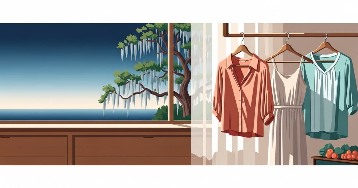 Flat vector illustration of delicate silk and linen garments on hangers in soft coastal Savannah light, representing professional delicate fabric care