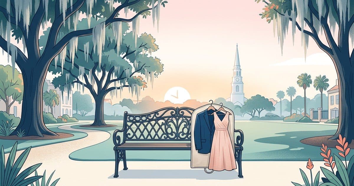 Flat vector illustration of a garment bag with a suit and a formal dress carried past a Savannah square at sunrise, live oaks with Spanish moss and a church steeple in the background, Best Cleaners Savannah same day dry cleaning for wedding guests
