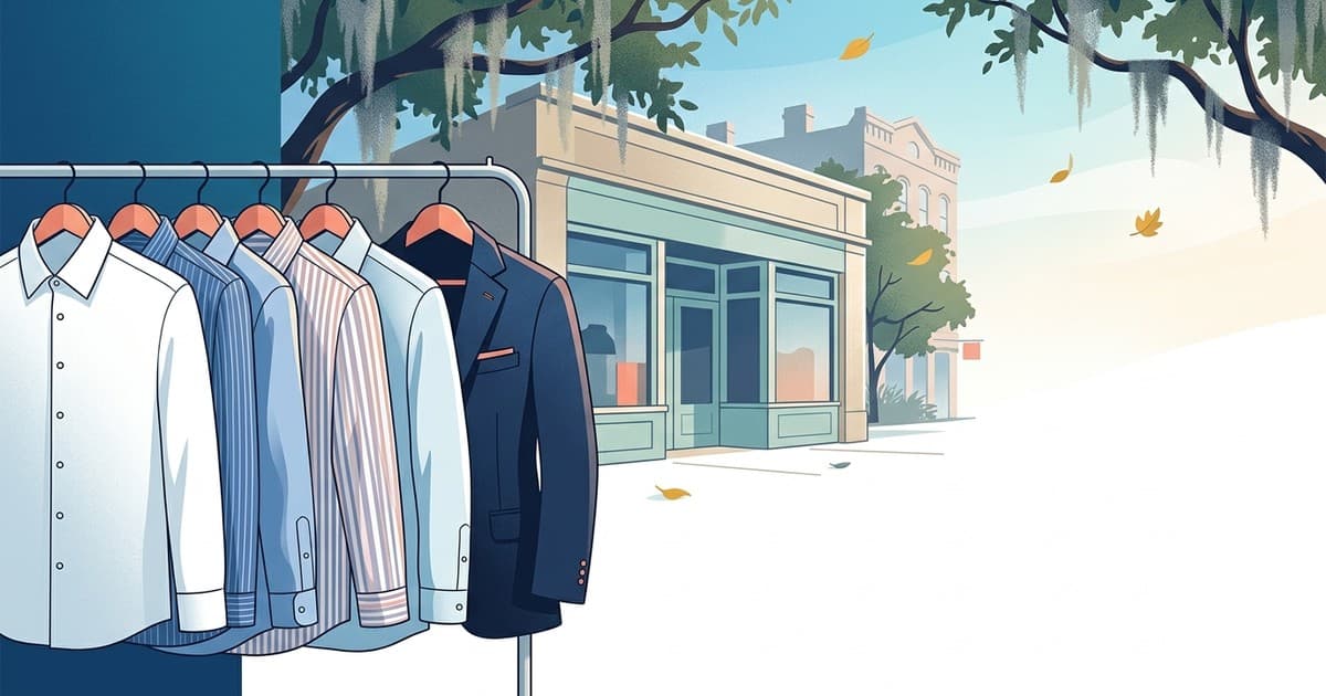 Flat vector illustration of crisply pressed dress shirts on hangers beside a sunlit Savannah storefront with live oaks and early-fall coastal light