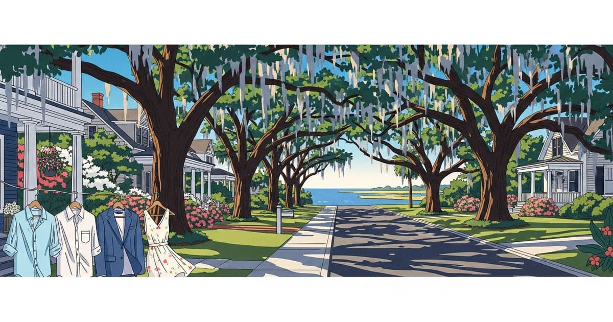 Illustrated wide view of oak-canopied Savannah neighborhood streets with stylized Southern architecture and coastal light