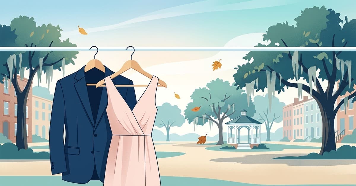 Flat vector illustration of a navy suit and a blush chiffon dress on hangers beside a sunlit Savannah square with live oaks, Spanish moss, and a few fall leaves