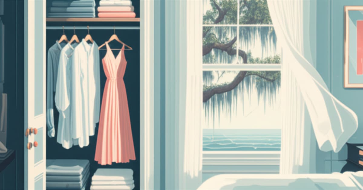 Sunlit Savannah home closet with neatly hung garments and sheer curtains billowing in a coastal breeze