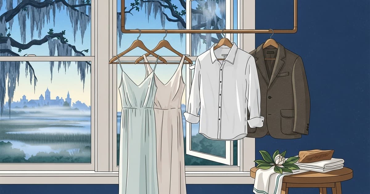 Illustrated coastal Savannah scene featuring delicate fabric care and humidity protection by Best Cleaners Savannah since 1910