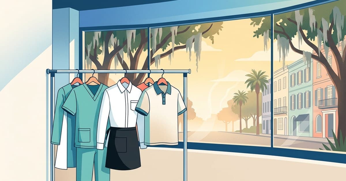 Flat vector illustration of freshly pressed medical scrubs and a hospitality server uniform hanging near a sunlit Savannah window with palms and Spanish moss outside, uniform cleaning in Savannah