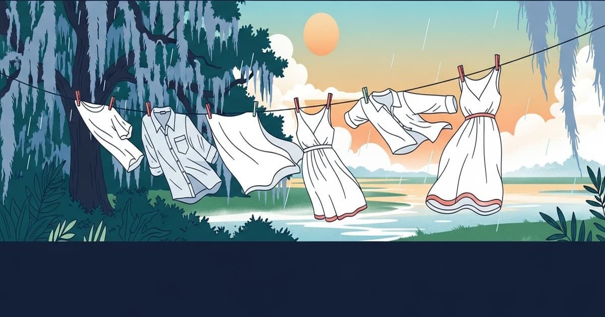 Illustrated coastal Savannah scene with summer fabrics and garments protected from heat, humidity, and salt air