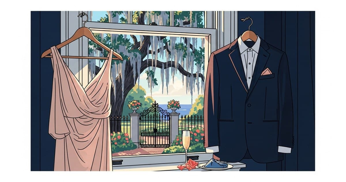 Illustrated coastal Savannah wedding scene with formal wear and Spanish moss — wedding dress cleaning Savannah and same-day formal wear care