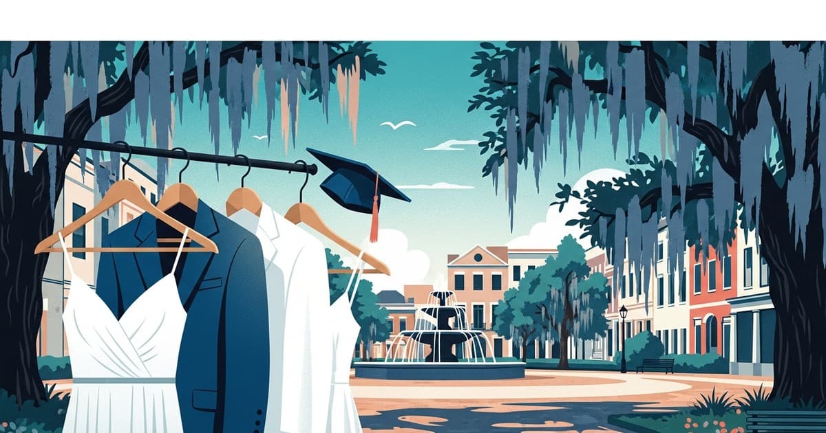 Illustrated graduation celebration in Savannah with elegant garments and dry cleaning hangers among Spanish moss oak trees
