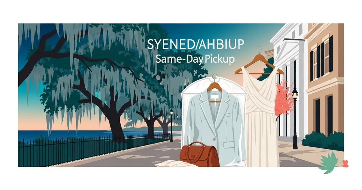 Coastal illustration of a welcoming Savannah scene with garments ready for SCAD graduation, Best Cleaners & Laundry