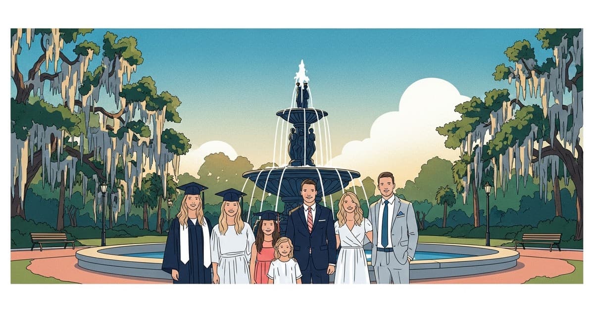 Family in formal wear near Forsyth Park fountain celebrating SCAD graduation in Savannah