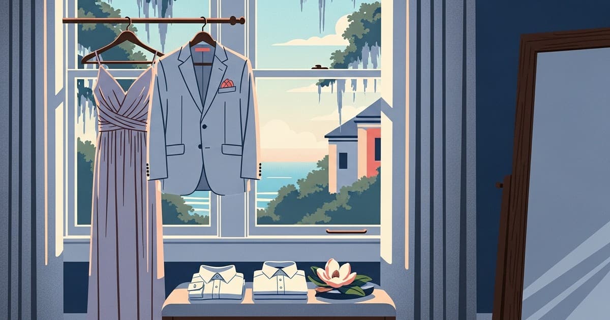 Illustration of graduation outfits on hangers in a sunlit Savannah window — Best Cleaners & Laundry
