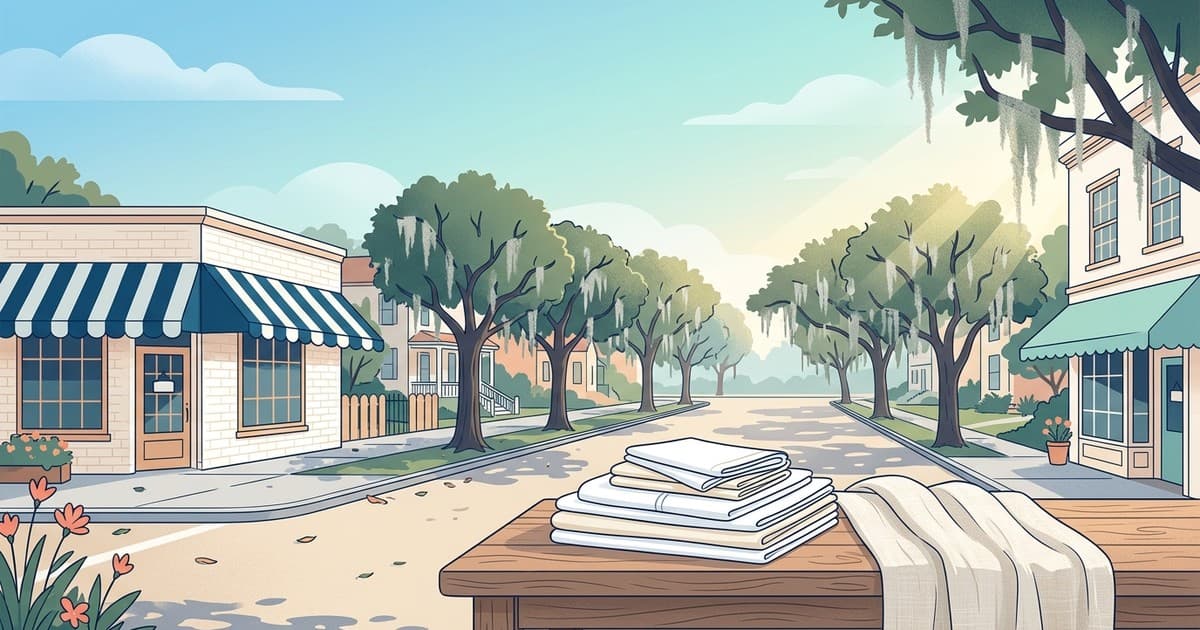 Flat vector illustration of two Savannah storefront awnings on a tree-lined street with Spanish moss, a folded stack of pressed table linens and a draped curtain panel in the foreground, in coastal blues, soft teals, warm whites, and sandy neutrals