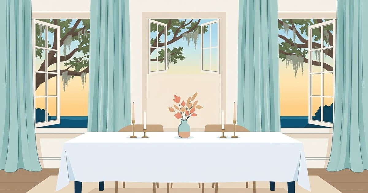 Flat vector illustration of a sunlit Savannah dining room set for fall entertaining, with a pressed linen tablecloth, tall windows framed by flowing drapes, and live oaks with Spanish moss outside, in coastal blues and sandy neutrals