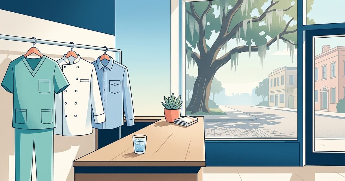 Flat vector illustration of medical scrubs, a chef coat, and a work shirt hanging in a bright Savannah cleaning shop with a humid, sunlit street and Spanish moss outside, uniform cleaning in Savannah