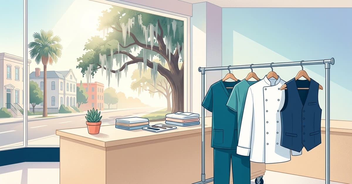Flat vector illustration of freshly pressed medical scrubs and a hospitality uniform hanging in a bright Savannah dry cleaning shop, with hazy late-September heat, palmettos, and Spanish moss outside the window, uniform cleaning in Savannah