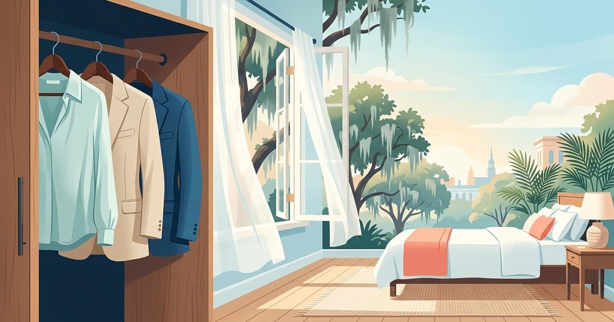 Flat vector illustration of a sunlit Savannah bedroom with an open wardrobe holding a silk blouse, linen jacket, and wool blazer beside a window framed by live oaks and Spanish moss, in coastal blues, soft teals, and sandy neutrals