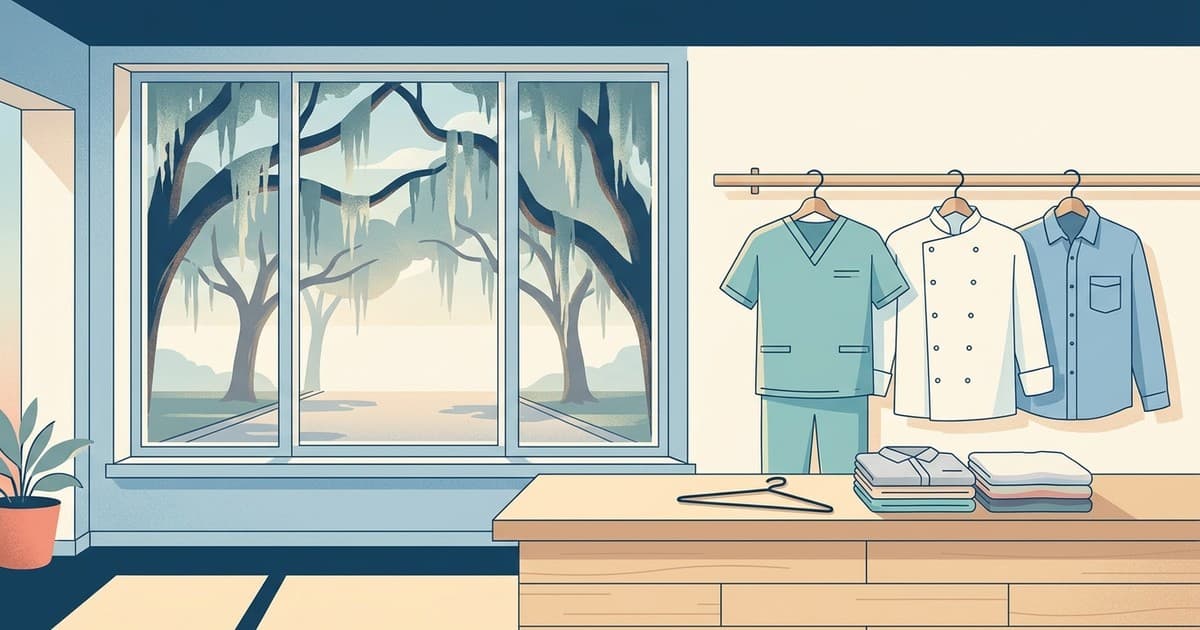 Flat illustration of medical scrubs, a chef coat, and a work shirt on hangers being inspected in a sunlit Savannah cleaning shop with live oaks outside, uniform cleaning in Savannah