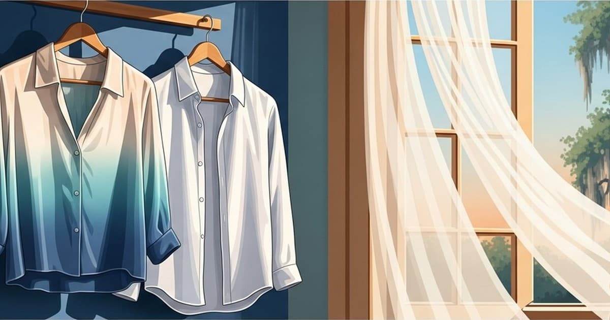 Illustration of silk and linen garments airing near an open Savannah window with coastal light and Spanish moss for Best Cleaners & Laundry