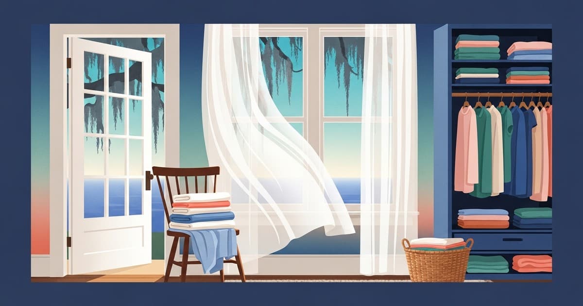 Illustrated spring cleaning scene with open windows, fresh linens, and Savannah Spanish moss in a coastal color palette