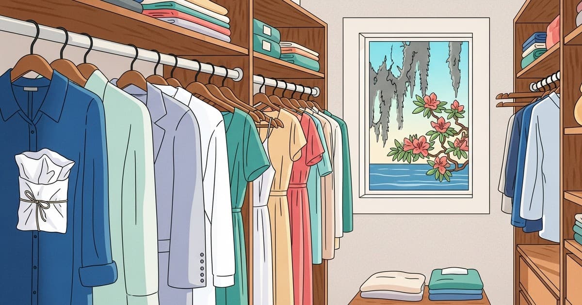 Illustrated spring closet organization and wardrobe refresh with professional dry cleaning in Savannah, Georgia