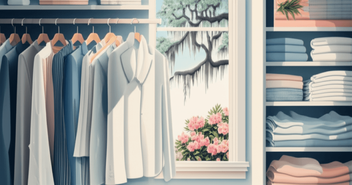 Spring wardrobe refresh illustration with fresh clothes in a bright Savannah setting