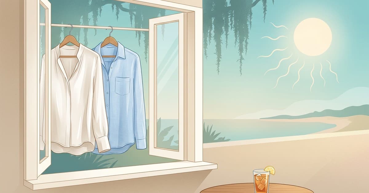 Flat coastal illustration of a silk blouse and linen shirt on hangers beside a glass of iced tea under the bright Savannah summer sun, stain removal in Savannah